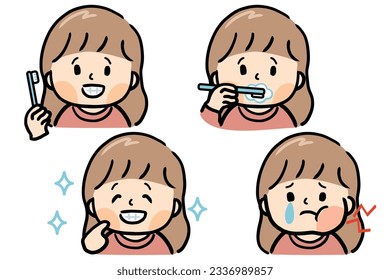 Conjunto de expresiones faciales de una muchacha que se cepilla los dientes.