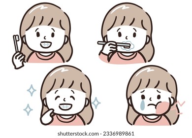 Conjunto de expresiones faciales de una muchacha que se cepilla los dientes.