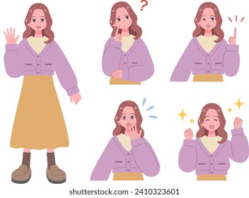 Facial expression set for girls in casual clothes