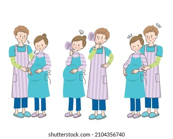 Facial expression set of the husband who cuddles up with a worried pregnant woman