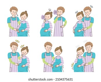 Facial expression set of the husband who cuddles up with a worried pregnant woman