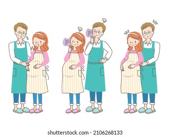 Facial expression set of the husband who cuddles up with a worried pregnant woman