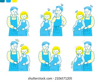 Facial expression set of the husband who cuddles up with a worried pregnant woman