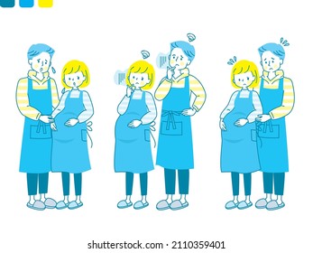 Facial expression set of the husband who cuddles up with a worried pregnant woman