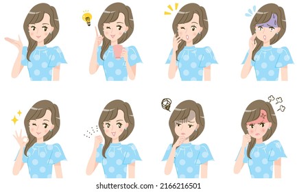Facial expression set illustration material of a fashionable young woman