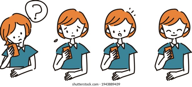 Facial expression set illustration of a woman looking at a smartphone