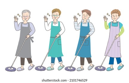 Facial expression set of men cleaning flooring