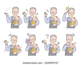 Facial expression set of senior man holding baby