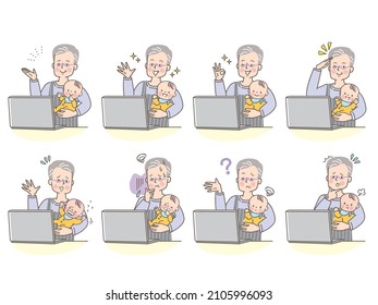 Facial expression set of senior man holding baby while looking at pc