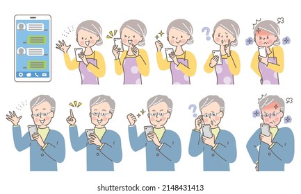 Facial expression set of senior woman and man operating smartphone