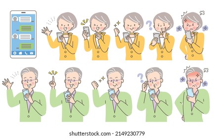 Facial expression set of senior woman and man operating smartphone