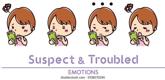 Facial expression set for smartphones and women , doubt , trouble