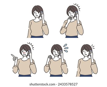Facial expression set of a woman making a phone call
