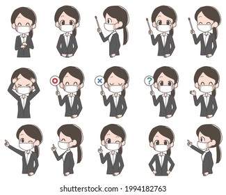 Facial expression set of a woman in a suit wearing a mask.