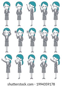 Facial expression set of a woman in a suit wearing a mask.