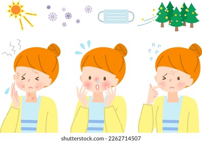 Facial expression set of women suffering from rough skin