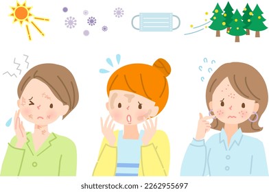 Facial expression set of women suffering from rough skin