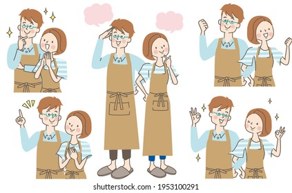 Facial expression set of young men and women in aprons