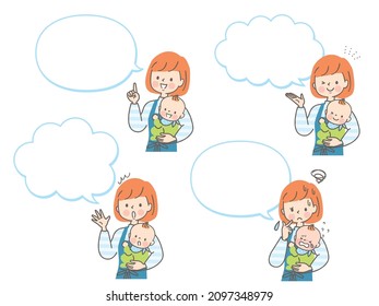 Facial expression set of young mom holding baby