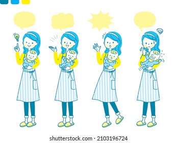 Facial expression set of young mom holding baby