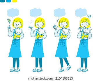 Facial expression set of young mom holding baby