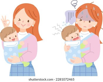 Facial expression set of young mom holding baby