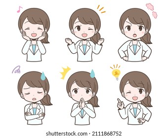 Facial expression set of young woman in white coat