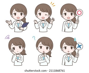 Facial expression set of young woman in white coat