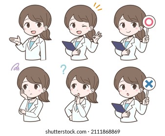 Facial expression set of young woman in white coat