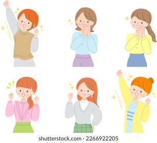Facial expression set of young woman cheerfully posing guts