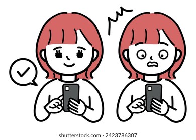 Facial expression set of a young woman operating a smartphone.