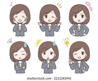 Facial expression set of young women in business suit