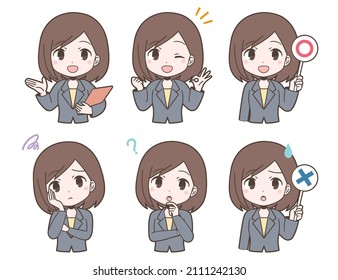 Facial expression set of young women in business suit