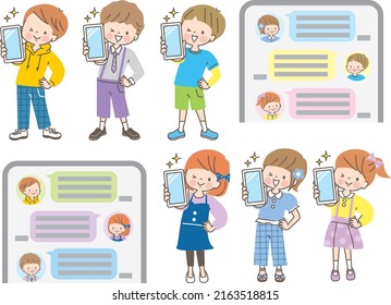 Facial expression sets of children showing smartphone screens