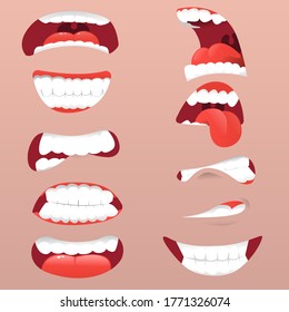 Facial expression surprised mouth. Funny Cartoon mouths set with different expressions. Facial gestures set with pouting lips smiling sticking out tongue. Vector illustrator 