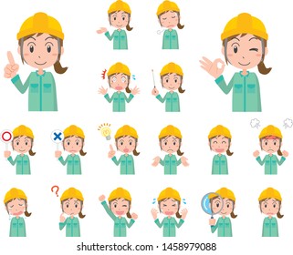 Facial expression variation set illustration of woman wearing helmet and work clothes