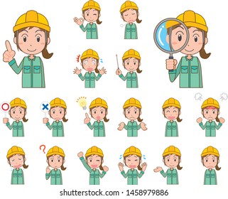 Facial expression variation set illustration of woman wearing helmet and work clothes
