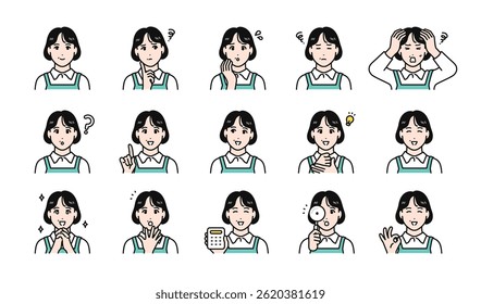 Facial expression variation set of a middle-aged woman wearing an apron