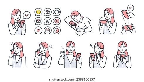 Facial expression variation set of a young woman holding a smartphone