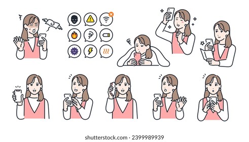 Facial expression variation set of a young woman holding a smartphone