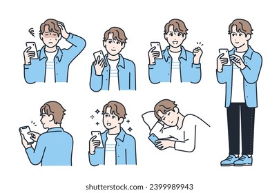 Facial expression variation set of a young man holding a smartphone