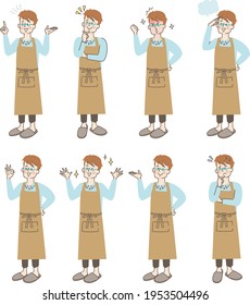 Facial expression variations of young men in aprons