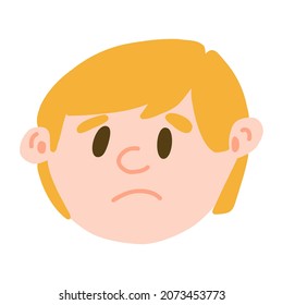 Facial expression of young light skinned boy face in cartoon style, vector illustrations isolated on white background. Feelings of depression, frustration, gloom, frustration, upset