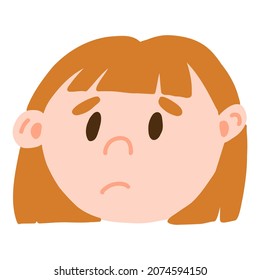 Facial expression of young light skinned girl face in cartoon style, vector illustrations isolated on white background. Feelings of depression, frustration, gloom, frustration, upset