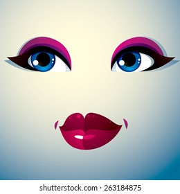 Facial expression of a young pretty woman. Coquette lady visage, human eyes and lips.
