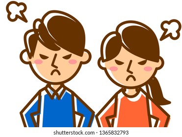 Facial expressions of angry. Upper body of man and woman. Vector illustration.
