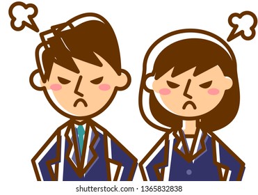Facial expressions of angry. Upper body of male and female office workers. Vector illustration.