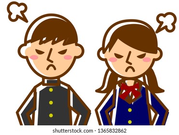 Facial expressions of angry. Upper body of male and female students. Vector illustration.