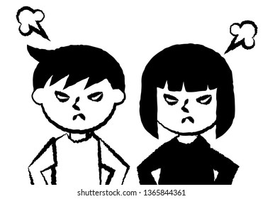 Facial expressions of angry. Upper body of boy and girl. Vector illustration.