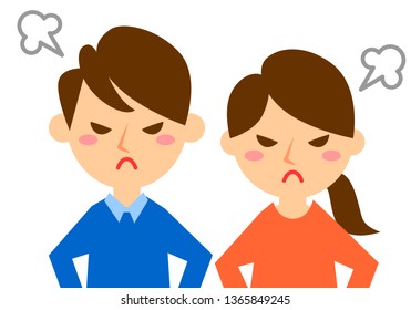 Facial expressions of angry. Upper body of man and woman. Vector illustration.

